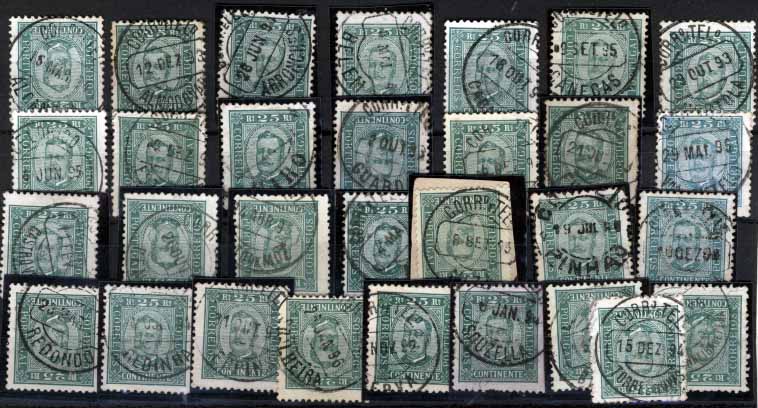 2995.jpg -     Lote:    2995      Lotes pelo Correio       Portugal       Descrição:         Carimbos circulares datados, tipo 1880. 1892/93 &mdash; D. Carlos I tipo Diogo Neto, CE70, 25 reis verde. Lote de 30 selos com carimbos batidos a preto, todos diferentes, de diferentes graus de raridade. Algumas marcas interessantes. Geralmente todos bem batidos. Lote a ver.        Lote       Valor Base:     &euro; 20,00     Valor Venda:     &euro; 20,00     