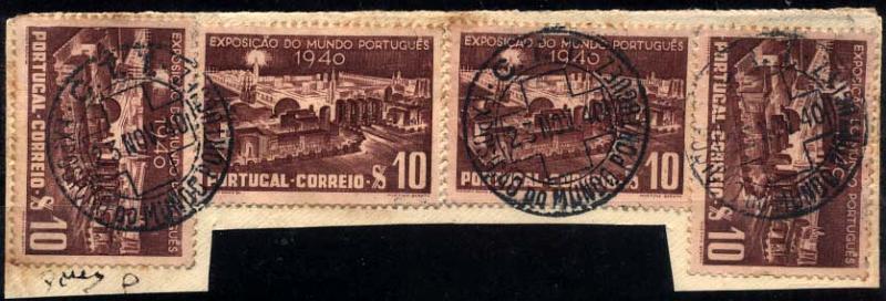 3002.jpg -     Lote:    3002      Lotes pelo Correio       Portugal       Descrição:         1940 &mdash; Bicentenários da Fundação e Restauração de Portugal. Exposição do Mundo Português. CE591. Fragmento com 4 selos de 10c lilás vermelho, obliterados com carimbo comemorativo da Exposição.        FRG       Valor Base:     &euro; 4,00     Valor Venda:     Retirado     