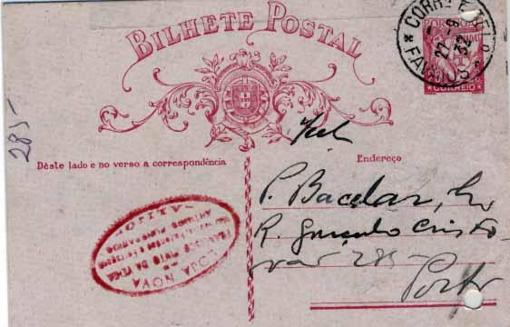 3005.jpg -     Lote:    3005      Lotes pelo Correio       Portugal       Descrição:         Carimbos tipo francês. OM80, 25C carmim, circulado de Favaios (27.09.32) para o Porto. Carimbo batido a preto de FAVAIOS. Furos de arquivo.        IC       Valor Base:     &euro; 4,00     Valor Venda:     &euro; 4,00     