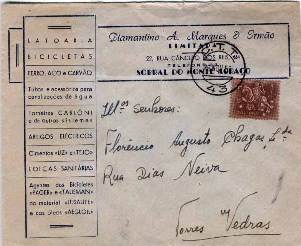 3008.jpg -     Lote:    3008      Lotes pelo Correio       Portugal       Descrição:         Carimbos numéricos volantes. 1953 &mdash; Cavaleiro Medieval. Sobrescrito circulado de Sobral de Monte Agraço (25.11.56) para Torres Vedras, com selo de 1$00 CE768. Carimbo numérico volante n.º 43.        Carta       Valor Base:     &euro; 5,00     Valor Venda:     &euro; 5,00     