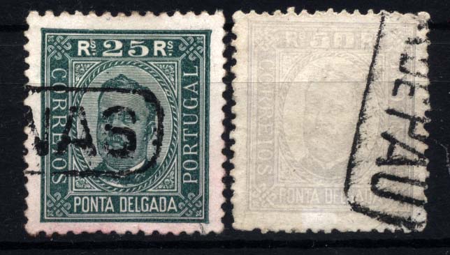 3014.jpg -     Lote:    3014      Lotes pelo Correio       Açores       Descrição:         Carimbos nominativos. 1892/93 &mdash; D. Carlos I. Tipos de Portugal com legenda Ponta delgada. CE5/6. Dois selos com carimbos batidos a preto "FURNAS" e "AGUA DE PAU".        O       Valor Base:     &euro; 5,00     Valor Venda:     &euro; 5,00     