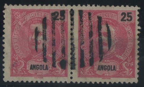 3018.jpg -     Lote:    3018      Lotes pelo Correio       Angola       Descrição:         Carimbos elípticos mudos de 9 barras. 1903 &mdash; D. Carlos I tipo Mouchon. CE80, 25 reis carmim. Par horizontal obliterado com carimbo batido a preto.        O       Valor Base:     &euro; 5,00     Valor Venda:     &euro; 5,00     