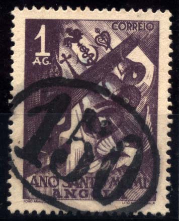 3019.jpg -     Lote:    3019      Lotes pelo Correio       Angola       Descrição:         Carimbos ovais numéricos de recurso. 1950 &mdash; Ano Santo. CE324, 1 Ag, obliterado com carimbo batido a preto "150".        O       Valor Base:     &euro; 5,00     Valor Venda:     &euro; 5,00     