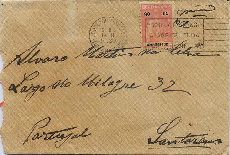 3023.jpg -     Lote:    3023      Lotes pelo Correio       Moçambique       Descrição:         Obliterações mecânicas com publicidade. Sobrescrito circulado de Lourenço Marques (16.06.1930) para Santarém (05.07.30) com selo tipo Ceres de 60C rosa CE244. Obliteração mecânica publicitária "PROTEJA E FINANCIE A AGRICULTURA DA PROVÍNCIA".        Carta       Valor Base:     &euro; 10,00     Valor Venda:     Retirado     