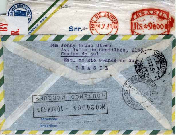 3024.jpg -     Lote:    3024      Lotes pelo Correio       Moçambique       Descrição:      Moçambique.   Carimbos diversos. Lote de duas cartas remetidas do Brasil com marcas de Lourenço Marques. Lote a ver.        Lote       Valor Base:     &euro; 5,00     Valor Venda:     &euro; 12,00     