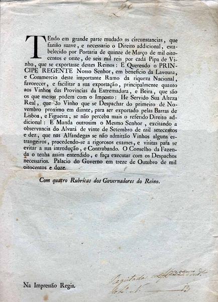 3067.jpg -     Lote:    3067      Lotes pelo Correio              Descrição:         Legislação Portuguesa. Lei de 13 de Outubro de 1812, isentando os Vinhos das Províncias da Estremadura e Beira dos impostos aduaneiros devidos, de forma a promover a sua exportação.        Livro       Valor Base:     &euro; 5,00     Valor Venda:     Retirado     
