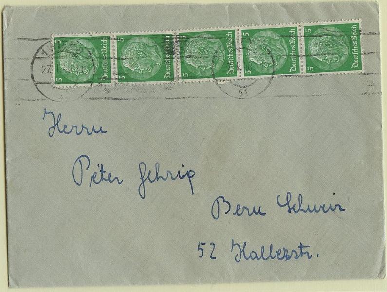 3073.jpg -     Lote:    3073      Lotes pelo Correio              Descrição:      Alemanha.   Sobrescrito circulado censurado na Alemanha (27.01.40) com tira de 5 selos de 5pf verde Scott392.        Carta       Valor Base:     &euro; 5,00     Valor Venda:     Retirado     