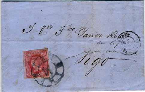 3095.jpg -     Lote:    3095      Lotes pelo Correio              Descrição:      Espanha.   Carta circulada de Valladolid para Vigo, com selo da emissão de Isabel II, 4c., vermelho s/ salmão, Yv60, com boas margens. B.        Carta       Valor Base:     &euro; 10,00     Valor Venda:     Retirado     