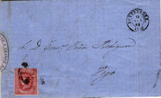 3096.jpg -     Lote:    3096      Lotes pelo Correio              Descrição:      Espanha.   Carta circulada de Pontevedra (18.10.64) para Vigo com selo da emissão de Isabel II, 4c, vermelho s/ salmão, Yv60. B.        Carta       Valor Base:     &euro; 8,00     Valor Venda:     Retirado     