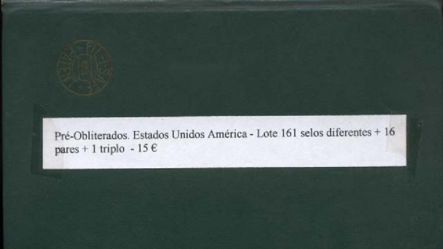 3103.jpg -     Lote:    3103      Lotes pelo Correio              Descrição:      EUA &mdash; Pré-obliterados.   Classificador com 161 selos diferentes + 16 pares e 1 triplo.        Lote       Valor Base:     &euro; 15,00     Valor Venda:     &euro; 15,00     