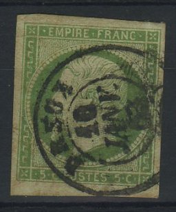 3107.jpg -     Lote:    3107      Lotes pelo Correio              Descrição:      França &mdash;   1853/60. Yvert 12. Valor de catálogo &euro; 100,00.        O       Valor Base:     &euro; 20,00     Valor Venda:     Retirado     