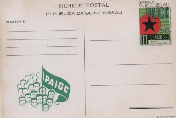 3113.jpg -     Lote:    3113      Lotes pelo Correio              Descrição:      Guiné-Bissau.   Inteiro Postal novo de 2$50, verde, preto e vermelho, comemorativo do III Congresso do PAIGC.        IN       Valor Base:     &euro; 4,00     Valor Venda:     Retirado     