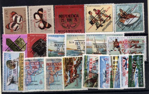 3146.jpg -     Lote:    3146      Lotes pelo Correio              Descrição:      Moçambique * Palops.   1975 &mdash; Selos coloniais com sobrecarga "INDEPENDÊNCIA / 25 JUN 75". Série completa.        ***       Valor Base:     &euro; 8,00     Valor Venda:     Retirado     
