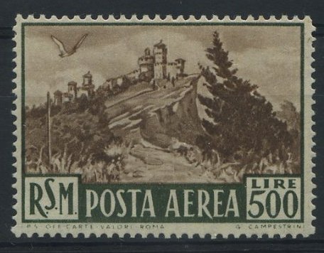 3154.jpg -     Lote:    3154      Lotes pelo Correio              Descrição:      São Marino.   Correio Aéreo. Selo de 500 liras. Yvert 65A. Valor de catálogo &euro; 75,00.        ***       Valor Base:     &euro; 12,00     Valor Venda:     Retirado     