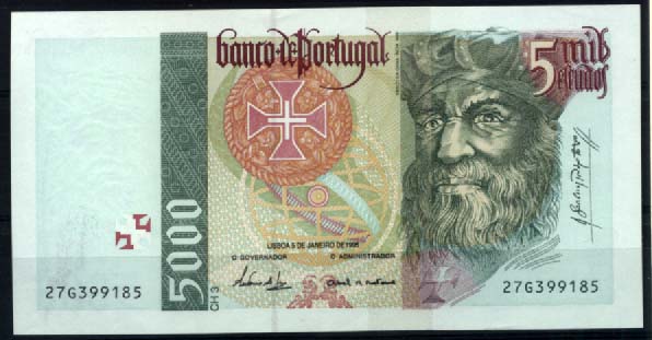 3242.jpg -     Lote:    3242      Lotes pelo Correio              Descrição:         1995 &mdash; Vasco da Gama. Chapa 3. Nota de 5.000$00, datada de 05.01.1995. Nova.        NT       Valor Base:     &euro; 32,00     Valor Venda:     &euro; 32,00     