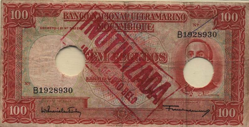 3244.jpg -     Lote:    3244      Lotes pelo Correio              Descrição:      Moçambique.   1958 &mdash; Aires de Ornelas. Nota de 100$00, desmonetizada pela Agência de BNU de João Belo. Regular.        NT       Valor Base:     &euro; 5,00     Valor Venda:     Retirado     