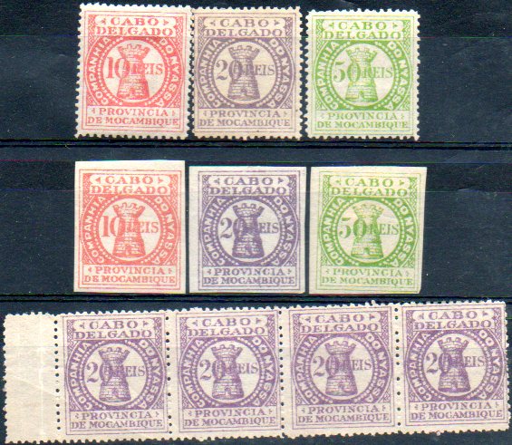 0001.jpg -     Lote:    1      Colecção IMPÉRIO      Companhia do Niassa       Descrição:      1894 &mdash; Cabo Delgado.   Não emitidos. Lote composto por série denteada de 10, 20 e 50 reis + série não denteada + tira horizontal de 4 selos de 20 reis.        ***/**       Valor Base:     &euro; 30,00     Valor Venda:     &euro; 50,00     