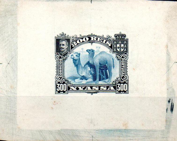 0011.jpg -     Lote:    11      Colecção IMPÉRIO      Companhia do Niassa       Descrição:         1901 &mdash; D. Carlos I (Girafa e Camelos). Prova de cor individual, com largas margens, a preto e azul do selo de 300 reis, em talhe doce. Cores não aprovadas. MB e MR.        PRV       Valor Base:     &euro; 100,00     Valor Venda:     &euro; 1400,00     