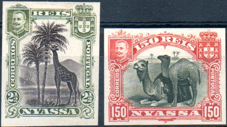 0012.jpg -     Lote:    12      Colecção IMPÉRIO      Companhia do Niassa       Descrição:         1901 &mdash; D. Carlos I (Girafa e Camelos). Lote com duas provas de cor não denteadas dos selos de 2 &frac12; reis em verde oliva e preto e 150 reis em laranja vermelho e preto.        PRV       Valor Base:     &euro; 30,00     Valor Venda:     &euro; 55,00     