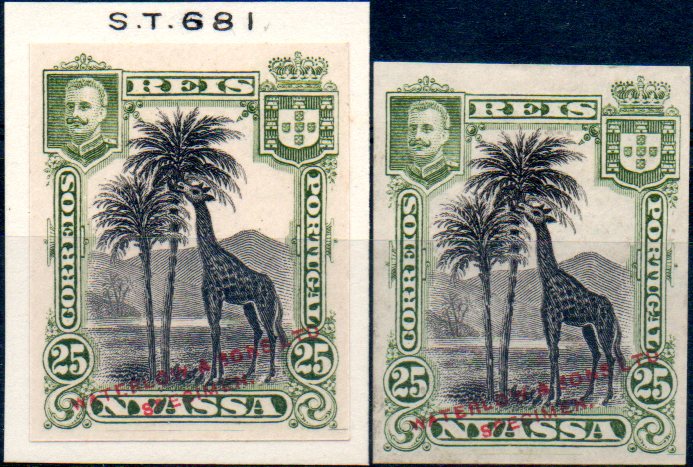 0013.jpg -     Lote:    13      Colecção IMPÉRIO      Companhia do Niassa       Descrição:         1901 &mdash; D. Carlos I (Girafa e Camelos). Lote com duas provas de cor não denteadas do selo de 25 reis em verde oliva e preto; uma colada sobre cartolina com a inscrição marginal S. T. 681 e outra com a sobrecarga vermelha "WATERLOW & SONS LTD / SPECIMEN.        PRV       Valor Base:     &euro; 30,00     Valor Venda:     &euro; 90,00     