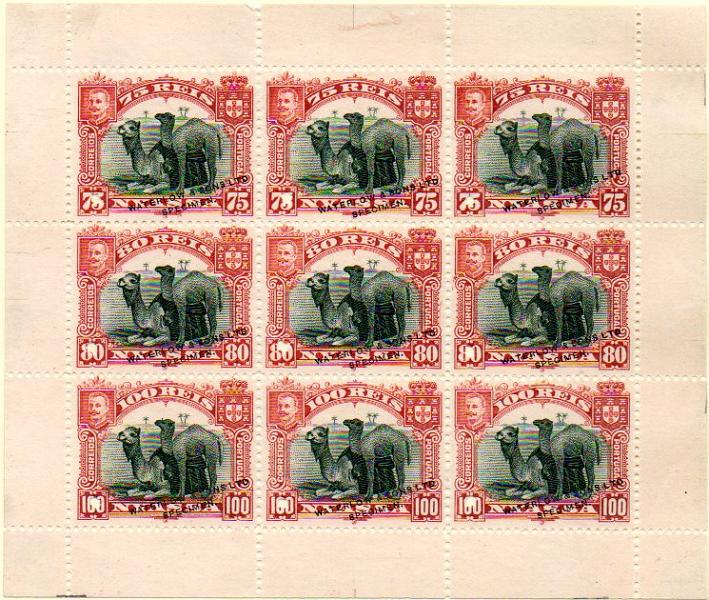 0015.jpg -     Lote:    15      Colecção IMPÉRIO      Companhia do Niassa       Descrição:         1901 &mdash; D. Carlos I (Girafa e Camelos). CE34, 75 reis. Mini-folha de 9 provas em vermelho e preto, com sobrecarga a preto "WATERLOW & SONS LTS / SPECIMEN".        PRV       Valor Base:     &euro; 100,00     Valor Venda:     &euro; 200,00     