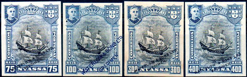 0016.jpg -     Lote:    16      Colecção IMPÉRIO      Companhia do Niassa       Descrição:         1901 &mdash; D. Carlos I (Girafa e Camelos). Lote de 4 provas de cor não denteadas em azul e preto, nas taxas de 75, 100, 300 e 400 reis, com sobrecarga a preto "WATERLOW & SONS LTS / SPECIMEN".        PRV       Valor Base:     &euro; 40,00     Valor Venda:     &euro; 130,00     