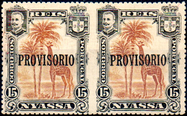 0037.jpg -     Lote:    37      Colecção IMPÉRIO      Companhia do Niassa       Descrição:         1903 &mdash; D. Carlos I. Selos de 1901 com sobrecarga PROVISÓRIO tipografada a preto em Londres. CE43, 15 reis castanho amarelo. Par horizontal sem o denteado vertical ao centro. MB e MR.        **       Valor Base:     &euro; 40,00     Valor Venda:     &euro; 120,00     