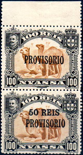 0038.jpg -     Lote:    38      Colecção IMPÉRIO      Companhia do Niassa       Descrição:         1910 &mdash; D. Carlos I. Selos de 1901 com sobretaxa e sobrecarga PROVISÓRIO, tipografada a preto em Londres. CE51, 50 s/ 100 reis. Par vertical, bordo de folha, com falta de impressão da sobretaxa no selo superior. MB e MR.        ***       Valor Base:     &euro; 50,00     Valor Venda:     &euro; 80,00     