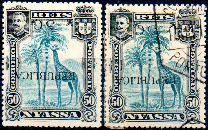 0057.jpg -     Lote:    57      Colecção IMPÉRIO      Companhia do Niassa       Descrição:         1918 &mdash; D. Carlos I, com sobretaxa e sobrecarga REPUBLICA. CE72, 5 c s/ 50 reis azul. Lote de dois selos, um novo e outro usado com a sobrecarga e sobretaxa invertidas. MB.        **       Valor Base:     &euro; 25,00     Valor Venda:     &euro; 80,00     