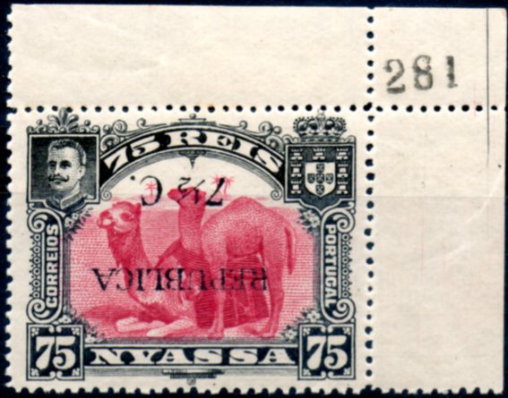 0059.jpg -     Lote:    59      Colecção IMPÉRIO      Companhia do Niassa       Descrição:         1918 &mdash; D. Carlos I, com sobretaxa e sobrecarga REPUBLICA. CE73, 7 &frac12; c s/ 75 reis carmim. Selo canto de folha com a sobretaxa e sobrecarga invertidas.        ***       Valor Base:     &euro; 15,00     Valor Venda:     &euro; 110,00     