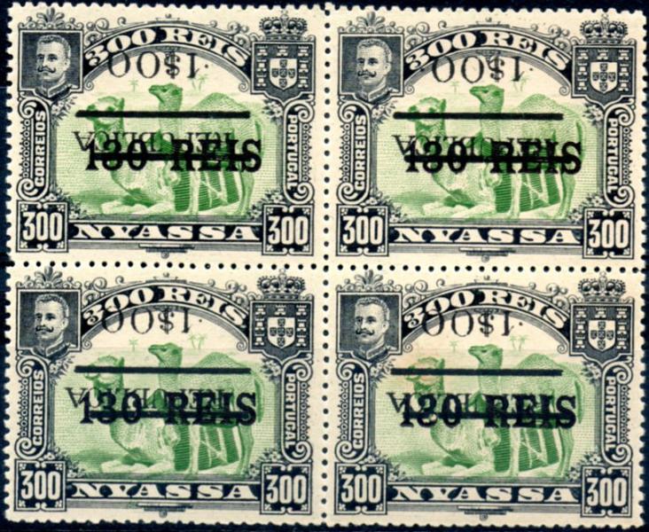 0063.jpg -     Lote:    63      Colecção IMPÉRIO      Companhia do Niassa       Descrição:         1918 &mdash; D. Carlos I, com sobretaxa e sobrecarga REPUBLICA. CE81, 1$00 s/ 130 reis s/ 300 reis verde. Quadra com a sobrecarga e sobretaxa invertidas. Valor de catálogo &euro; 120,00.        ***/**       Valor Base:     &euro; 60,00     Valor Venda:     &euro; 130,00     
