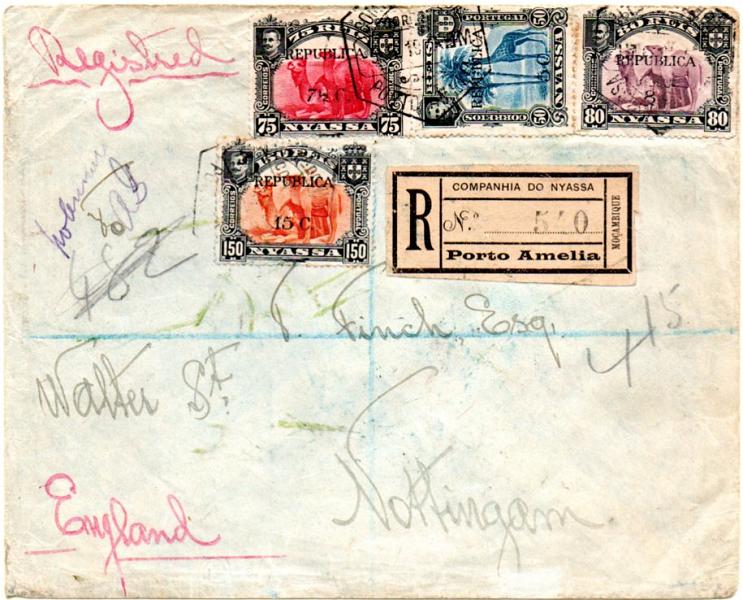 0064.jpg -     Lote:    64      Colecção IMPÉRIO      Companhia do Niassa       Descrição:         1918 &mdash; D. Carlos I, com sobretaxa e sobrecarga REPUBLICA. Sobrescrito circulado registado de Porto Amélia (05.05.1919) para a Inglaterra (16.07.1919) com trânsito por Lourenço Marques (15.05.1919) com selos de 5 c s/ 50 reis CE72, 7 &frac12; c s/ 75 reis CE73, 8c s/ 80 reis CE74 e 15c s/ 150 reis CE76. MB e MR.        Carta       Valor Base:     &euro; 350,00     Valor Venda:     &euro; 850,00     