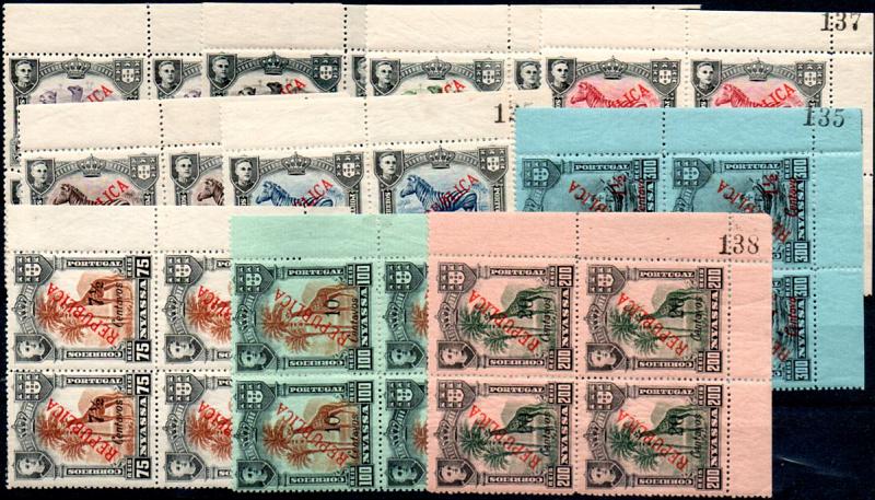 0068.jpg -     Lote:    68      Colecção IMPÉRIO      Companhia do Niassa       Descrição:         1922 &mdash; D. Manuel II, com sobrecarga e sobretaxa REPUBLICA, tipografada a preto em Londres. Lote de 10 quadras todas canto de folha com numeração marginal: CE94/99, 101/103 e 105. Valor de catálogo &euro; 195,00,        ***/**       Valor Base:     &euro; 50,00     Valor Venda:     &euro; 80,00     