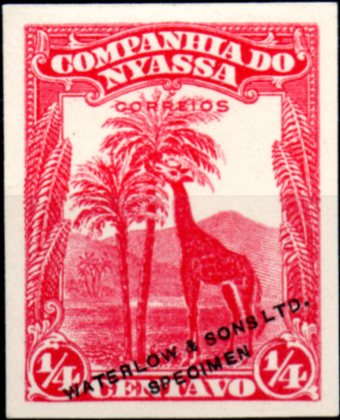 0087.jpg -     Lote:    87      Colecção IMPÉRIO      Companhia do Niassa       Descrição:         192&frac12;3 &mdash; Motivos diversos. Prova de cor em vermelho, papel liso, do selo de &frac14; c. Sobrecarga a preto "WATERLOW & SONS, LTD / SPECIMEN".        PRV       Valor Base:     &euro; 20,00     Valor Venda:     &euro; 26,00     
