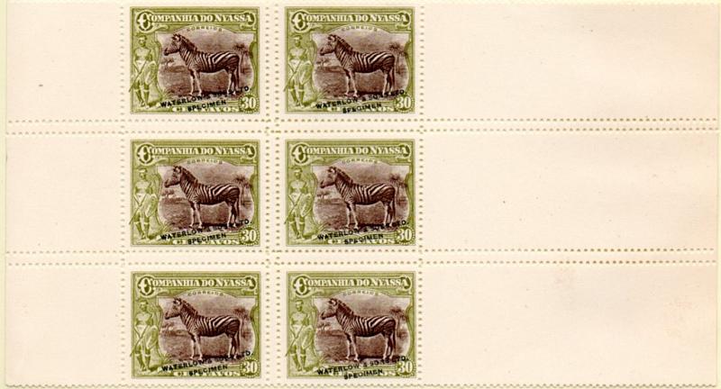 0091.jpg -     Lote:    91      Colecção IMPÉRIO      Companhia do Niassa       Descrição:         192&frac12;3 &mdash; Motivos diversos. CE120, 30C. Bloco de 6 provas de cunho em verde e castanho. Provas delimitadas por duplo denteado. Todas com sobrecarga a preto "WATERLOW & SONS, LTD / SPECIMEN". B e R.        PRV       Valor Base:     &euro; 60,00     Valor Venda:     &euro; 160,00     