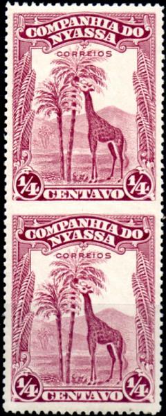 0095.jpg -     Lote:    95      Colecção IMPÉRIO      Companhia do Niassa       Descrição:         192&frac12;3 &mdash; Motivos diversos. CE106, &frac14; c lilás vermelho. Par vertical sem denteado horizontal a separar os dois selos. MB e MR.        ***/**       Valor Base:     &euro; 20,00     Valor Venda:     &euro; 80,00     