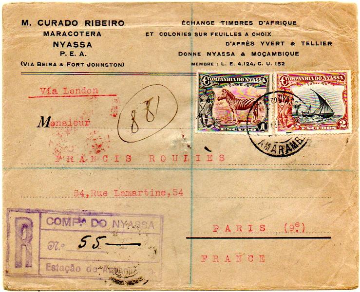 0104.jpg -     Lote:    104      Colecção IMPÉRIO      Companhia do Niassa       Descrição:         192&frac12;3 &mdash; Motivos diversos. Sobrescrito circulado registado de Amaramba (14.04.29) para França, com trânsito por Fort Johnston (16.04.29), Zomba (19.04.29) e Londres (21.05.29) com selos de 1 e 2E, CE123/124. Carimbo de registo batido a violeta "R / COMP.ª DO NYASSA / N.º 55---- / Estação de Amaramba". MB e MR.        Carta       Valor Base:     &euro; 150,00     Valor Venda:     &euro; 1600,00     