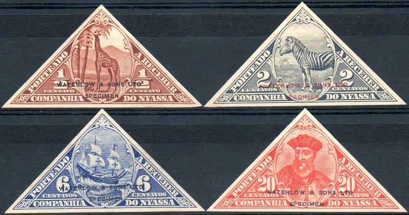 0110.jpg -     Lote:    110      Colecção IMPÉRIO      Companhia do Niassa       Descrição:         1924 &mdash; Porteado. Motivos diversos. Lote de 4 provas de cor dos valores de &frac12; c em castanho (cor não aprovada), 2c azul ardósia (cor não aprovada), 6c azul (cor não aprovada e 20c em carmim (cor aprovada), não denteadas, em papel liso com sobrecarga horizontal a preto (&frac12;, 6 e 20c) e vermelho (2c) "WATERLOW & SONS, LTD / SPECIMEN".        PRV       Valor Base:     &euro; 50,00     Valor Venda:     &euro; 70,00     
