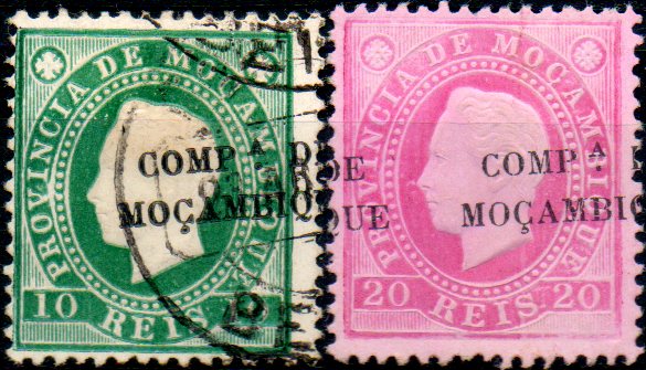 0114.jpg -     Lote:    114      Colecção IMPÉRIO      Companhia de Moçambique       Descrição:         1892 &mdash; D. Luís I. Fita direita. Selos de Moçambique com sobrecarga "COMP.ª DE MOÇAMBIQUE". Lote de dois selos: um de 10 reis verde, denteado 12 &frac12;, usado com a sobrecarga deslocada CE2 e outro de 20 reis rosa, denteado 12 &frac12; CE3, com a sobrecarga deslocada.        */O       Valor Base:     &euro; 15,00     Valor Venda:     &euro; 44,00     