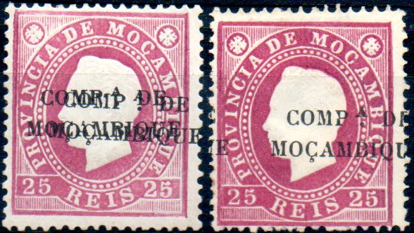 0116.jpg -     Lote:    116      Colecção IMPÉRIO      Companhia de Moçambique       Descrição:         1892 &mdash; D. Luís I. Fita direita. Selos de Moçambique com sobrecarga "COMP.ª DE MOÇAMBIQUE". CE4, 25 reis violeta, denteado 13 &frac12;, sobrecarga tipo I. Lote de 2 selos: um com dupla sobrecarga e outro com a sobrecarga deslocada.        **/*       Valor Base:     &euro; 20,00     Valor Venda:     &euro; 80,00     