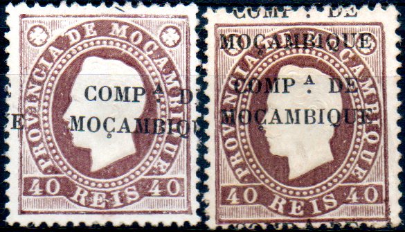 0117.jpg -     Lote:    117      Colecção IMPÉRIO      Companhia de Moçambique       Descrição:         1892 &mdash; D. Luís I. Fita direita. Selos de Moçambique com sobrecarga "COMP.ª DE MOÇAMBIQUE". CE5, 40 reis castanho, denteado 12 &frac12;. Lote de dois selos: um com a sobrecarga deslocada e outro com dupla sobrecarga. Não catalogadas.        *       Valor Base:     &euro; 30,00     Valor Venda:     &euro; 90,00     