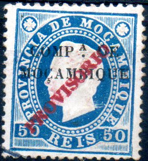 0123.jpg -     Lote:    123      Colecção IMPÉRIO      Companhia de Moçambique       Descrição:         1895 &mdash; D. Luís I, fita direita, com sobrecarga "PROVISÓRIO". CE26, 50 reis azul-escuro, sobrecarga tipo A. Selo com dupla sobrecarga.        *       Valor Base:     &euro; 12,00     Valor Venda:     &euro; 46,00     