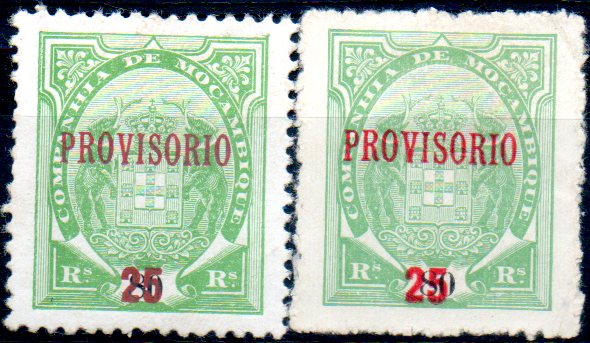 0124.jpg -     Lote:    124      Colecção IMPÉRIO      Companhia de Moçambique       Descrição:         1895/99 &mdash; Tipo Elefantes, com sobrecarga "PROVISÓRIO" e sobretaxa. CE28, 25 s/ 80 reis verde-claro. Lote de dois selos com tonalidades diferentes na sobretaxa. Valor de catálogo &euro; 70,80.        *       Valor Base:     &euro; 20,00     Valor Venda:     &euro; 30,00     