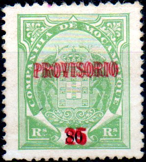 0126.jpg -     Lote:    126      Colecção IMPÉRIO      Companhia de Moçambique       Descrição:         1895/99 &mdash; Tipo Elefantes, com sobrecarga "PROVISÓRIO" e sobretaxa. CE28, 25 s/ 80 reis verde-claro. Selo com dupla sobretaxa. Valor de catálogo &euro; 70,80.        *       Valor Base:     &euro; 25,00     Valor Venda:     &euro; 100,00     