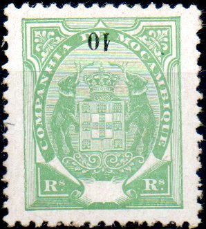0127.jpg -     Lote:    127      Colecção IMPÉRIO      Companhia de Moçambique       Descrição:         1907 &mdash; Tipo Elefantes. Novas cores. CE50, 10 reis verde amarelo. Selo com a impressão invertida do valor.        **       Valor Base:     &euro; 8,00     Valor Venda:     &euro; 24,00     