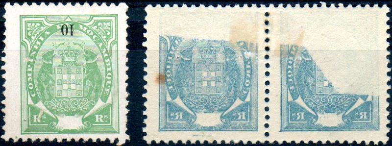 0128.jpg -     Lote:    128      Colecção IMPÉRIO      Companhia de Moçambique       Descrição:         1907 &mdash; Tipo Elefantes. Novas cores. Lote composto por selo de 10 reis verde namarelo CE50, com impressão invertida do valor + par horizontal do selo de 100 reis azul s/ azul CE55, com impressão parcial por decalque no verso da moldura.        **       Valor Base:     &euro; 15,00     Valor Venda:     &euro; 36,00     