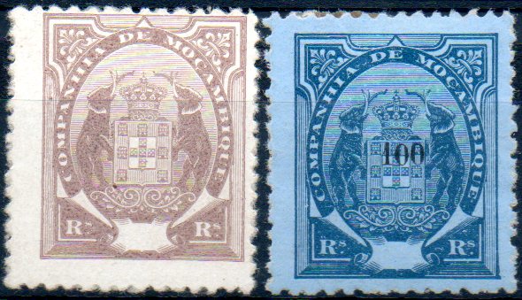 0129.jpg -     Lote:    129      Colecção IMPÉRIO      Companhia de Moçambique       Descrição:         1907 &mdash; Tipo Elefantes. Novas cores. Lote de dois selos: um de 50 reis castanho CE53, sem impressão do valor e outro de 100 reis azul s/ azul CE55, com deslocação da impressão do valor.        **       Valor Base:     &euro; 12,00     Valor Venda:     &euro; 34,00     