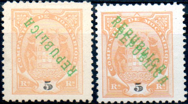 0130.jpg -     Lote:    130      Colecção IMPÉRIO      Companhia de Moçambique       Descrição:         1911 &mdash; Tipo Elefantes, com sobrecarga REPUBLICA local. CE63, 5 reis laranja. Lote de dois selos: um com sobrecarga invertida e outro com dupla sobrecarga.        **       Valor Base:     &euro; 15,00     Valor Venda:     &euro; 40,00     