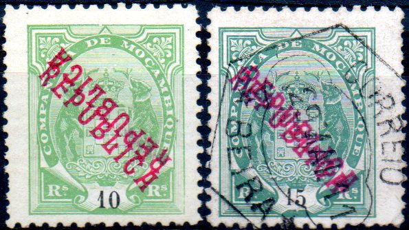 0131.jpg -     Lote:    131      Colecção IMPÉRIO      Companhia de Moçambique       Descrição:         1911 &mdash; Tipo Elefantes, com sobrecarga REPUBLICA local. Lote de dois selos: um de 10 reis verde amarelo CE64, novo, com dupla sobrecarga tipo I, uma delas invertida e outro selo de 15 reis verde usado CE65, com dupla sobrecarga tipo I.        **/O       Valor Base:     &euro; 15,00     Valor Venda:     &euro; 32,00     
