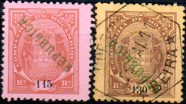 0133.jpg -     Lote:    133      Colecção IMPÉRIO      Companhia de Moçambique       Descrição:         1911 &mdash; Tipo Elefantes, com sobrecarga REPUBLICA local. Lote de dois selos. Um de 115 reis castanho s/ rosa. Novo, com a sobrecarga invertida; outro de 130 reis castanho s/ amarelo, usado, também com a sobrecarga invertida. Sobrecarga tipo I..        **/O       Valor Base:     &euro; 15,00     Valor Venda:     &euro; 50,00     